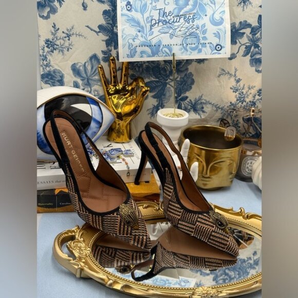 🆕 KURT GEIGER LONDON 🧿 NWOB Belgravia Slingback Heel, Black & Tan Raffia, Sz 6 - Picture 2 of 15